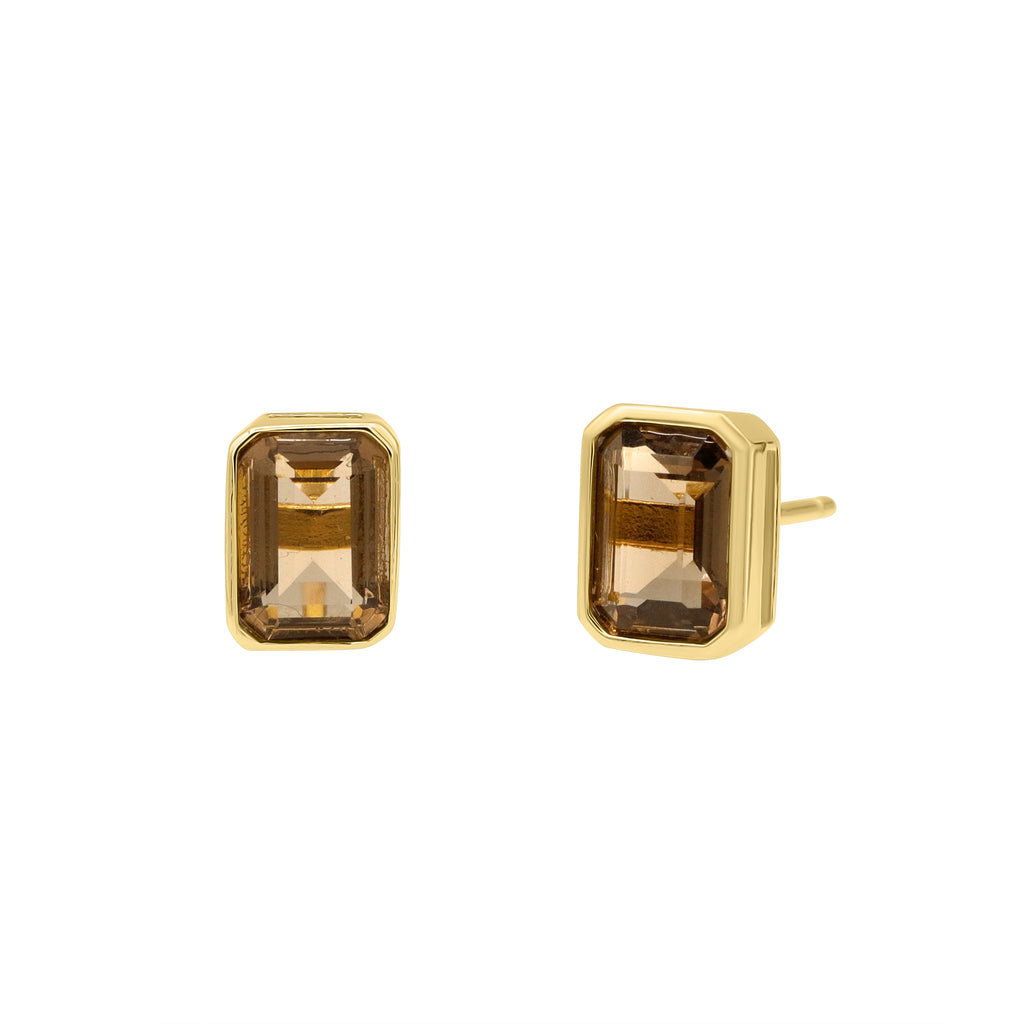 smokey quartz brown studs gold earrings bezel