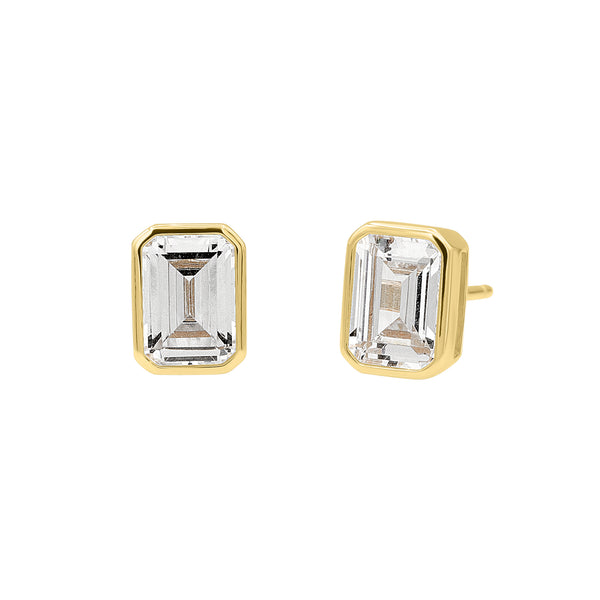 white topaz bezel studs gold earrings bezel