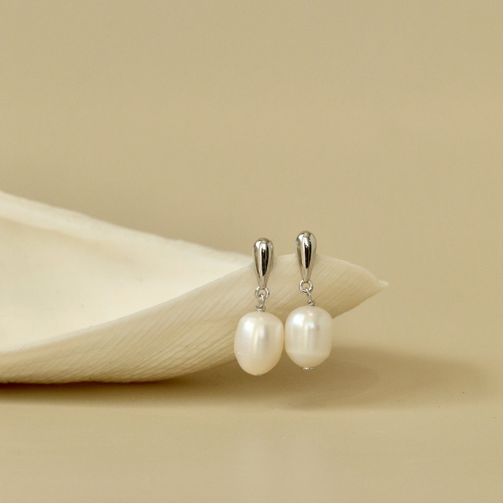 pearl silver dangle drop earrings wedding bridal 