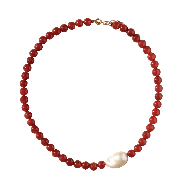 red agate beaded necklace pearl asymmetrical