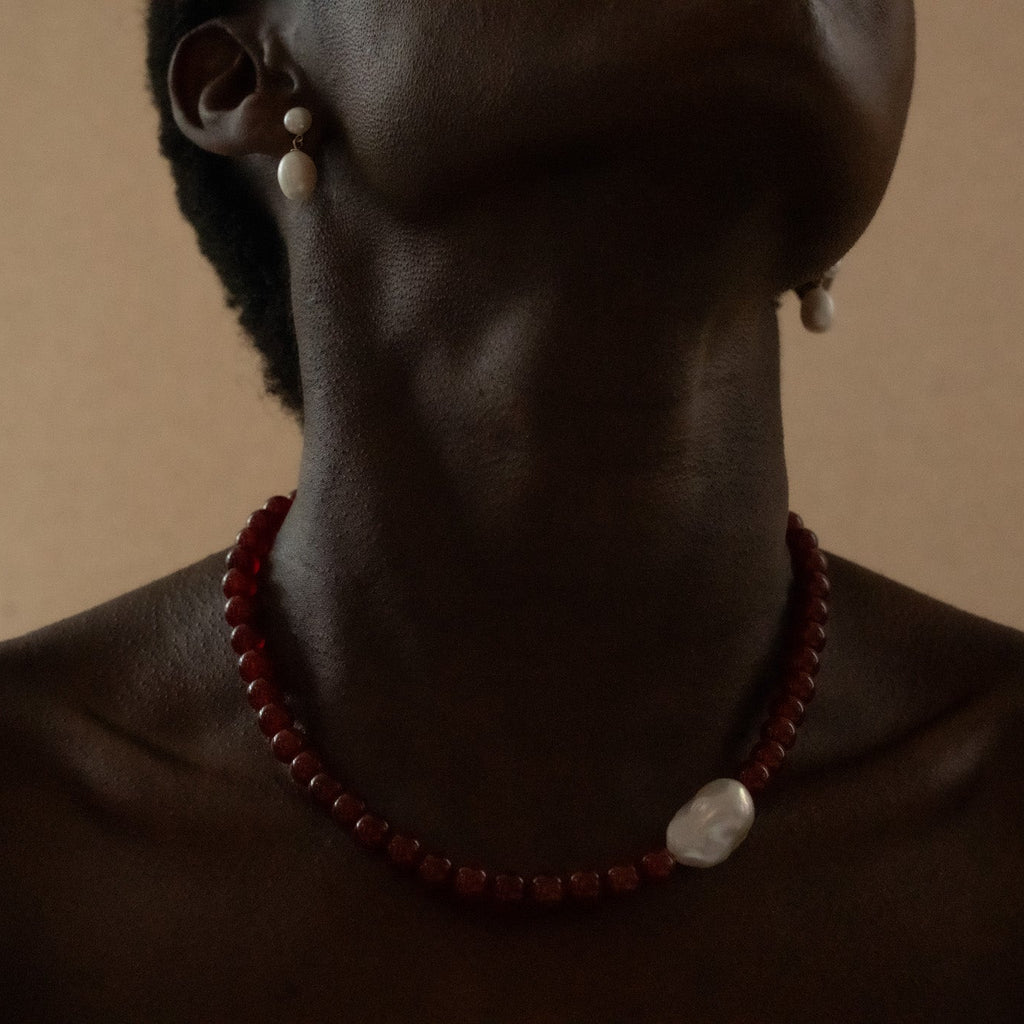 red agate beaded necklace pearl asymmetrical