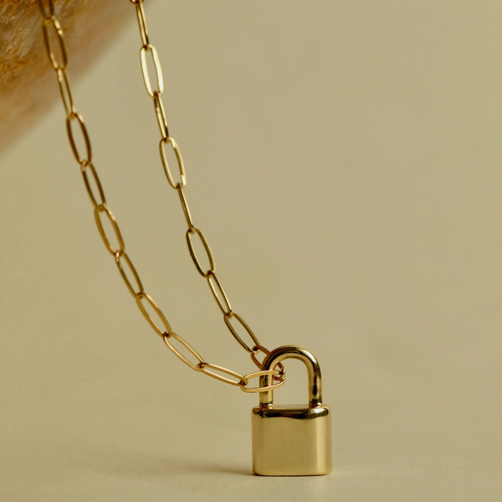 padlock pendant lock necklace staple paper clip gold